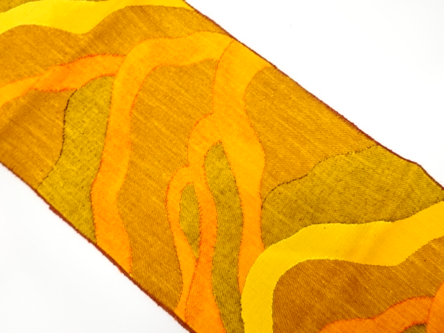 未使用品　手織り真綿紬　山並模様織り出し　名古屋帯